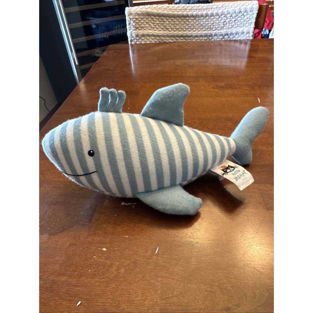 Jellycat Sidney Blue White Striped Shark Soft Knitted Birth Toy with Bell Chime